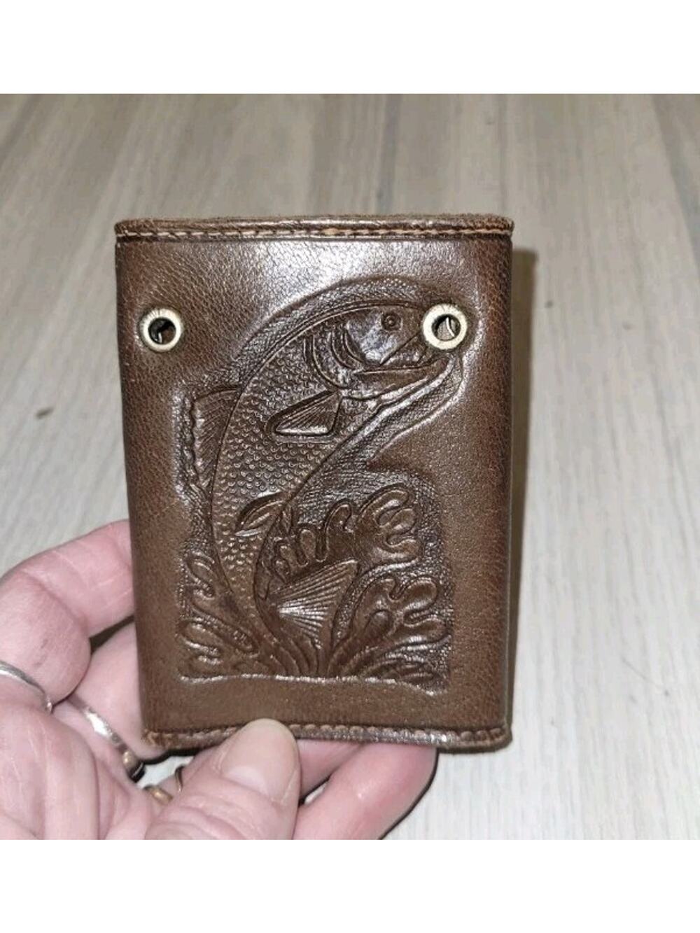 Vtg Mens Tooled Leather Bass Fish Key Case Brown 7 Key Chain Wallet Mexico